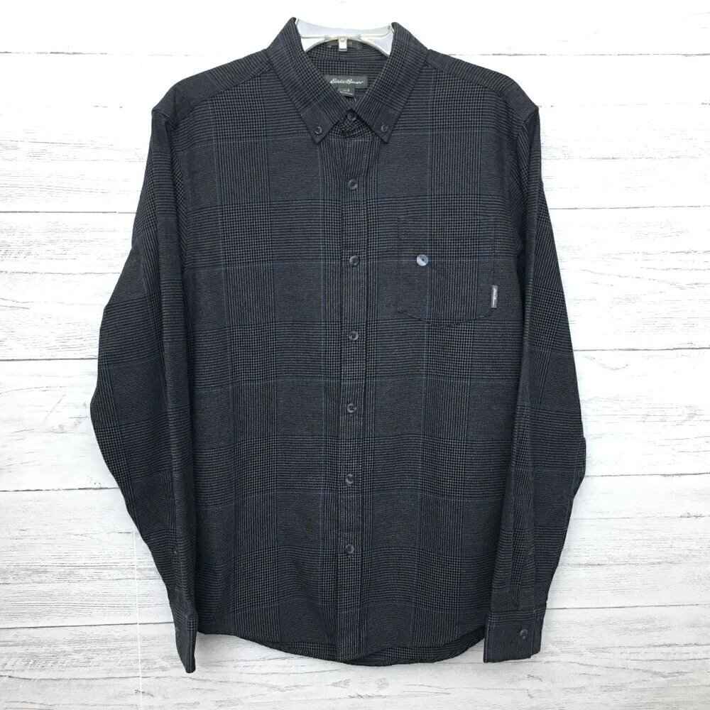 New Eddie Bauer Men's Charcoal Grey Plaid Flannel Shirt Button Up Classic Fit S